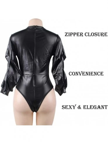 Shapewear Leather Bodysuit Lingerie for Women Sexy Plus Size One Piece Teddy Deep V Neck Clubwear Leotard Catsuit Black - Bla...