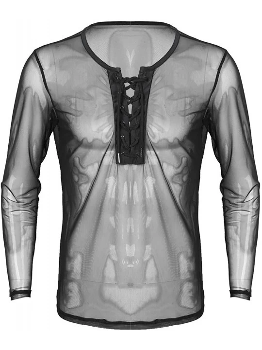 Undershirts Men's Sexy Long Sleeves Lace Up Front See Through Pullover T-Shirt Clubwear Undershirts - Black - CW18XXD6AME $20.04