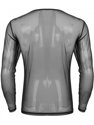 Undershirts Men's Sexy Long Sleeves Lace Up Front See Through Pullover T-Shirt Clubwear Undershirts - Black - CW18XXD6AME $20.04
