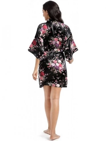 Robes Women's Short Sleep Robe Kimono Robe- Floral Satin Robe Daffodils Print Bathrobe- Nightwear - Black - CP1989XZLSH $25.95