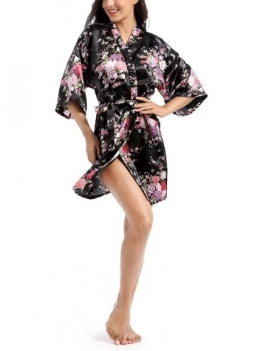 Robes Women's Short Sleep Robe Kimono Robe- Floral Satin Robe Daffodils Print Bathrobe- Nightwear - Black - CP1989XZLSH $25.95