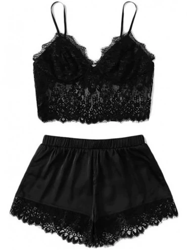 Sets Women's Sexy lace Sleep Set cami Black lace top and Shorts - CN19CQG9M2H $28.49