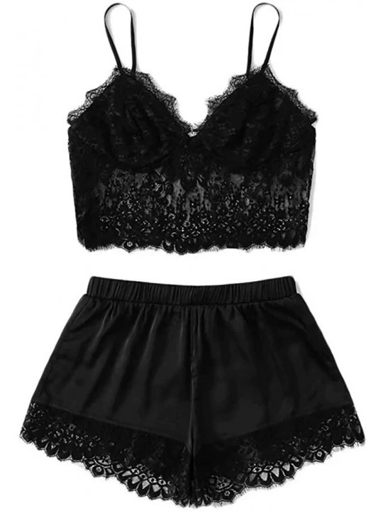 Sets Women's Sexy lace Sleep Set cami Black lace top and Shorts - CN19CQG9M2H $16.28