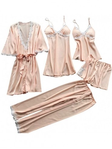 Sets Womens Sexy Satin Pajamas Set 5pcs Nightgown with Robe Set Sexy Lace Lingerie Pjs Loungewear Home Clothes - A-beige (5 P...