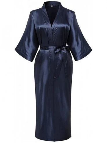 Robes Women's Robe Pure Long Kimono Robes Lightweight Silky Sleepwear V-Neck Calf-Length Bathrobe - Navy - CH18O4YULCY $29.16