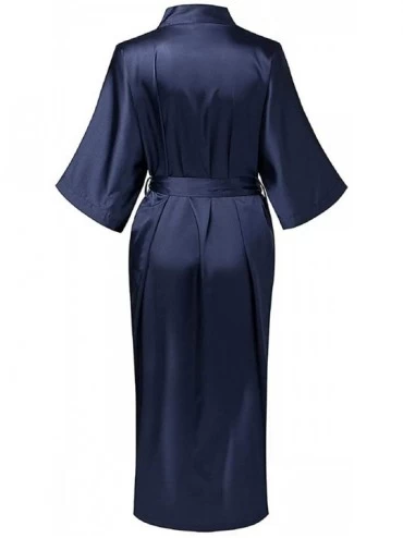 Robes Women's Robe Pure Long Kimono Robes Lightweight Silky Sleepwear V-Neck Calf-Length Bathrobe - Navy - CH18O4YULCY $15.76