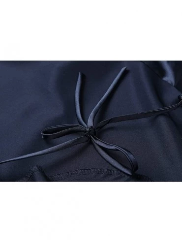 Robes Women's Robe Pure Long Kimono Robes Lightweight Silky Sleepwear V-Neck Calf-Length Bathrobe - Navy - CH18O4YULCY $15.76