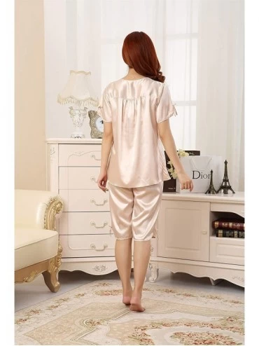Sets Men's Women's Couple Silk Satin Pajama Sets 2 Pieces Sleepwear Set Loungewear Pajamas - Women/Short Sleeve cream - C718N...