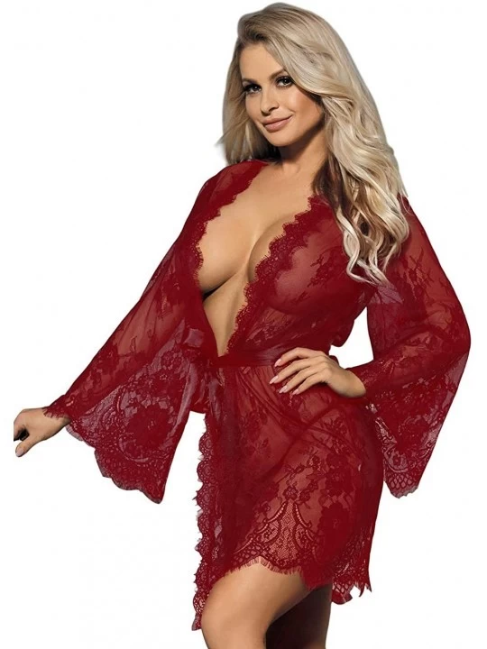 Nightgowns & Sleepshirts Women Lace Lace Kimono Robe Babydoll Lingerie Sheer Short Robe Nightgown with G-String M-5XL - Style...