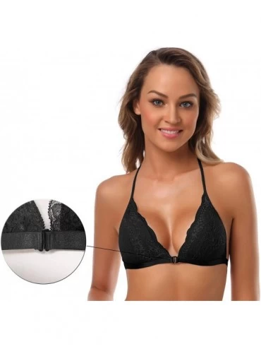 Bras Women's Embroidered Triangle Bra Front Closure Plunge Wireless Lightly Lined Lace Bralette Top - Black - C5180H6AD4R $15.46