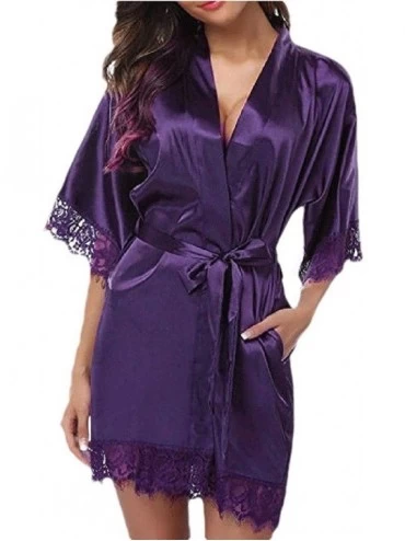 Robes Women's Fashion Kimono Decor Robe Sleepwear Soft Floral Lace Bathrobe Short Nightgown - 2 - C319D44RQ3M $38.94