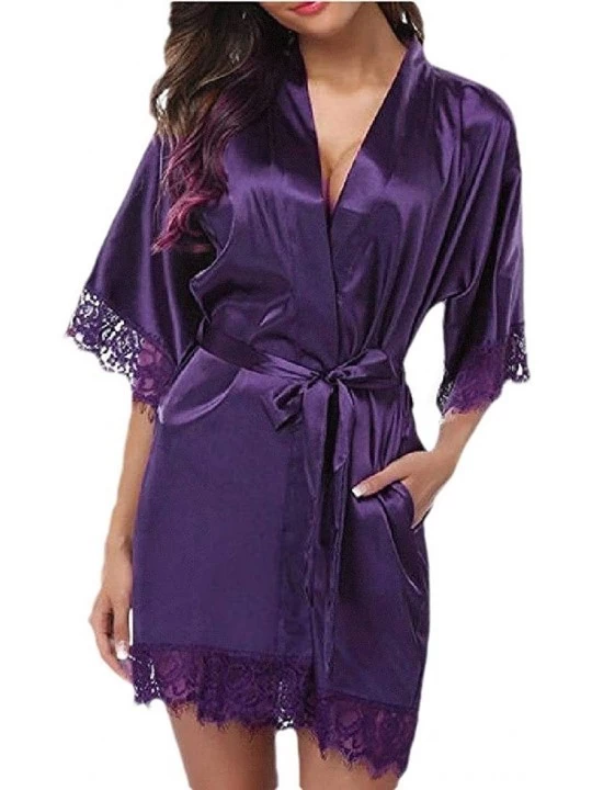 Robes Women's Fashion Kimono Decor Robe Sleepwear Soft Floral Lace Bathrobe Short Nightgown - 2 - C319D44RQ3M $26.31