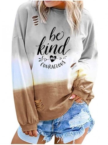 Tops Fashion Women Gradient Contrast Color Pullover Shredded Top Letter Printed Long Sleeve O-Neck Casual Top Sweatshirt - Kh...