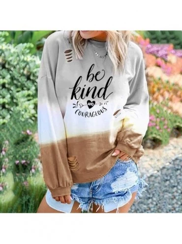 Tops Fashion Women Gradient Contrast Color Pullover Shredded Top Letter Printed Long Sleeve O-Neck Casual Top Sweatshirt - Kh...