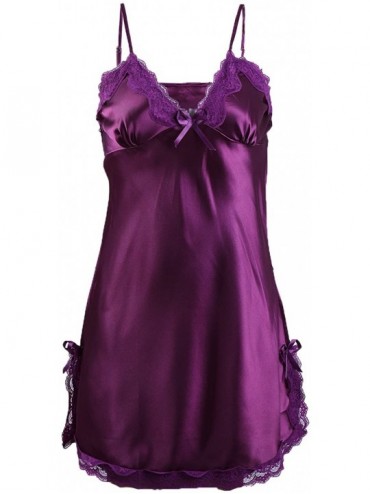 Nightgowns & Sleepshirts Women Sexy Satin Lace Trim Sleepwear Nightgown Pajama Slip Dress - Purple-lace - C31865626ZE $37.50