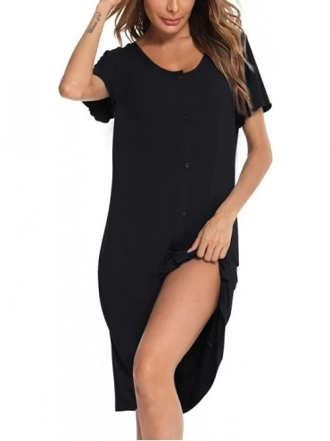 Nightgowns & Sleepshirts Women's Nightgown Short Sleeve Nightshirt Button Down Sleepwear V-Neck Pajama Dress - Black - CN198N...