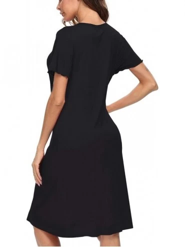 Nightgowns & Sleepshirts Women's Nightgown Short Sleeve Nightshirt Button Down Sleepwear V-Neck Pajama Dress - Black - CN198N...