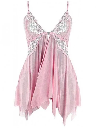 Tops Women Pajama Mesh Sleepwear Set Lingerie for Women Front Closure Babydoll Lace V-Neck Lingerie - Pink - C8193AZCL3W $24.86