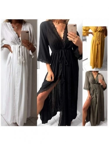 Nightgowns & Sleepshirts Women Deep V Long Sleeve Kimono Dress Shawl Cardigan Loose Sleep Wear Lace Sleepwear Silk Sleeping D...