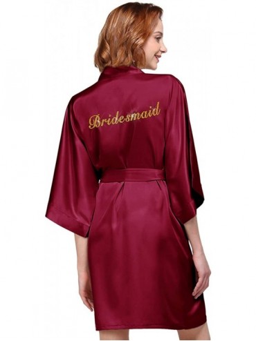 Robes Women's Satin Robe for Brides Bridesmaids Short Kimono Bathrobe Wedding Party Gift with Silver Rhinestones - Burgundy (...