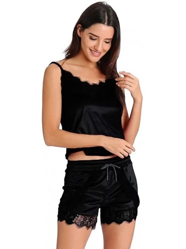 Thermal Underwear 2PCS Womens Sexy Satin Lingerie Sleeveless Pajamas Embroidery Flower Underwear - C Black - CS18NZYR2OK $21.45