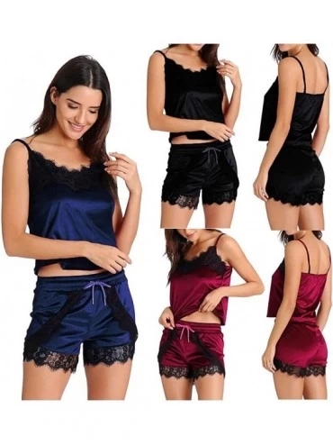 Thermal Underwear 2PCS Womens Sexy Satin Lingerie Sleeveless Pajamas Embroidery Flower Underwear - C Black - CS18NZYR2OK $21.45