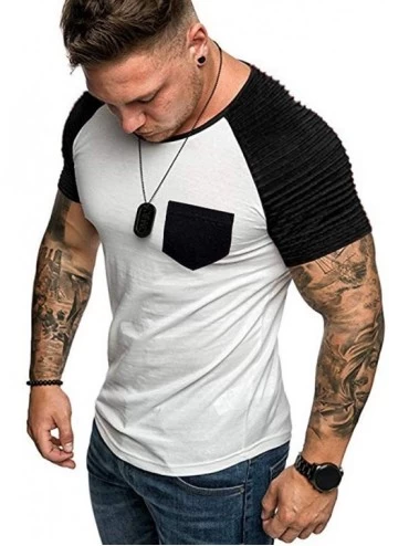 Thermal Underwear Hipster Patchwork Tees for Men-Summer Stylish Pleated Sleeve O-Neck T-Shirt Gym Workout Slim Fit Muscle Blo...