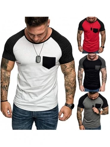 Thermal Underwear Hipster Patchwork Tees for Men-Summer Stylish Pleated Sleeve O-Neck T-Shirt Gym Workout Slim Fit Muscle Blo...