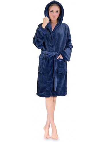 Robes Women Hooded Short Robe | Lightweight Fleece Soft Spa Bathrobe Sleepwear - Blue - CR18KDR6H8Z $23.40