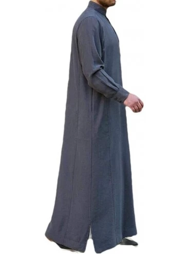 Robes Men's V Neck Solid Long Sleeve Saudi Arab Thobe Islamic Muslim Dubai Robe - Grey - CC18YOGQWEG $31.41