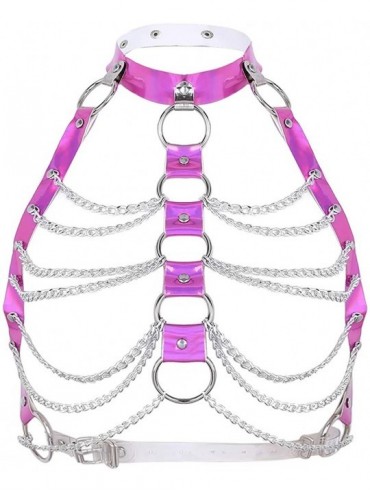 Bras Sexy Women's Cupless Bra Halter PVC Metal Chain Tassel Body Chest Harness - Rose - CE18HTA3LIM $39.89