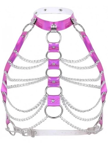 Bras Sexy Women's Cupless Bra Halter PVC Metal Chain Tassel Body Chest Harness - Rose - CE18HTA3LIM $36.97
