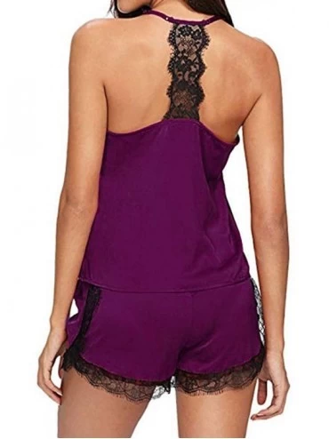 Slips Women Sleepwear Sleeveless Strap Nightwear Lace Trim Satin Cami Top Pajama Sets - Purple - CR18UQ486DS $9.81