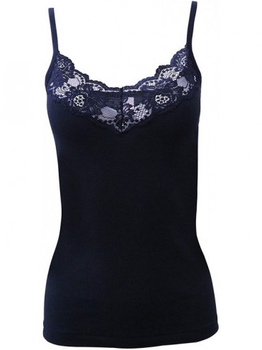 Camisoles & Tanks Luxury 100% Mako Cotton Women's Lace-Trimmed Camisole. Proudly Made in Italy. - Nero - CU18TIYUHRL $40.80