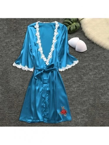Nightgowns & Sleepshirts Bride Robe Wedding-Women's Satin Kimono Bathrobe-Sexy Silk Dressing Gown Lace Trim Flower Sleepwear ...