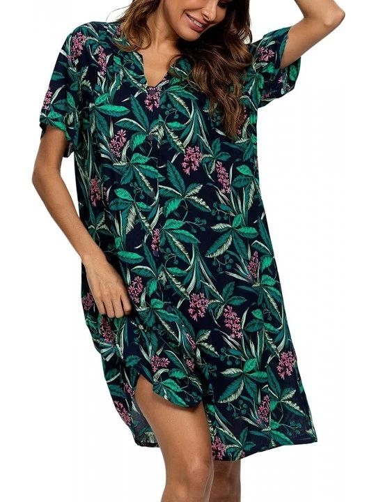 Robes House Dress Women Cotton Duster Robe Short Sleeve Housecoat Button Down Nightgown - Floral Green - CT19877WN2N $19.35