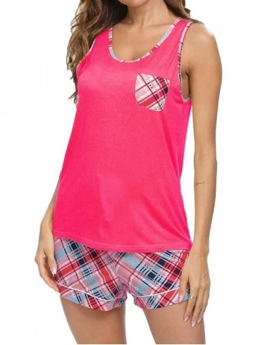 Sets Pajama Sets Women Cotton Top Sleepwear- Short Plaid Bottoms Nightgowns - Pink - CM19832SA3N $18.70