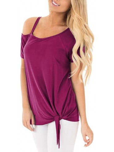 Shapewear Womens Tops-Women Fashion Casual Strapless Solid Short Sleeve Knot T-Shirt Top Blouses - Hot Pink - CC18SX9S9W5 $25.19