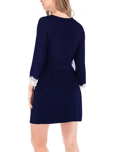 Robes Women's Bathrobe Cotton Lightweight Nightgowns Sleepwear Spa Short Robe - Navy - CR1906YLYLX $36.92