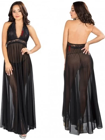 Nightgowns & Sleepshirts Women's Floral Lace Bust Halter Neck Full Length Gown Nightwear Pajamas - Black - CG185GQA0C6 $37.83