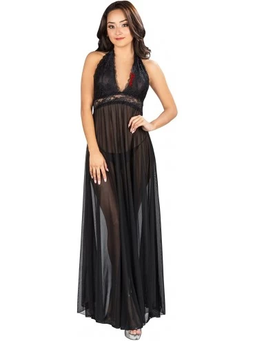 Nightgowns & Sleepshirts Women's Floral Lace Bust Halter Neck Full Length Gown Nightwear Pajamas - Black - CG185GQA0C6 $16.65
