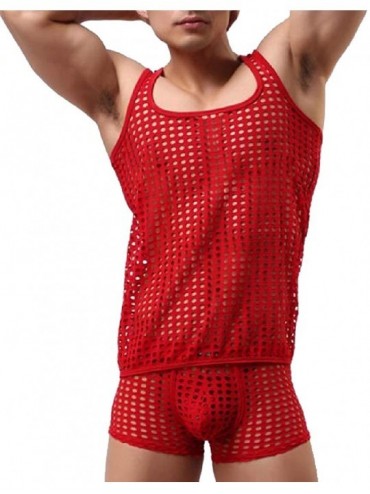 G-Strings & Thongs Men Fashion Summer Breathable See Through Fishnet Tank Top + Short Lingerie Set - Red - CE198CEAAOL $34.64