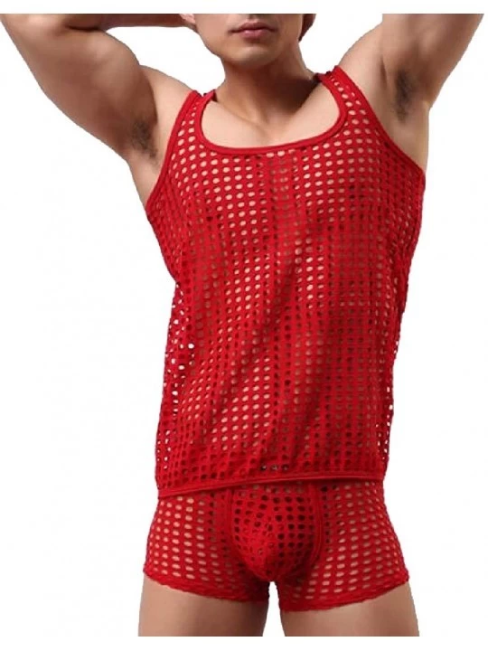 G-Strings & Thongs Men Fashion Summer Breathable See Through Fishnet Tank Top + Short Lingerie Set - Red - CE198CEAAOL $15.86