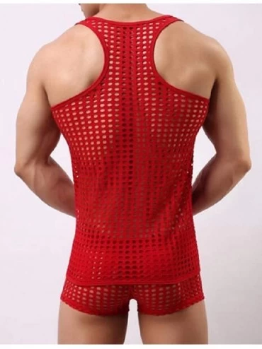 G-Strings & Thongs Men Fashion Summer Breathable See Through Fishnet Tank Top + Short Lingerie Set - Red - CE198CEAAOL $15.86