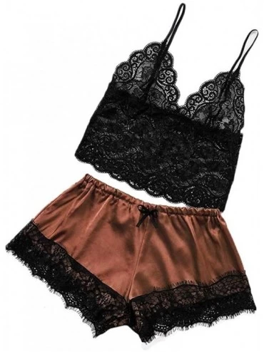 Sets Women Sexy Lingerie Camisole Bow Shorts V-Neck Tops 2020 Lace Pajamas Sleepwear Set Underswear - B-brown - CK194AS9634 $...