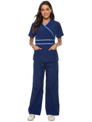 Thermal Underwear Women Short Sleeve V-Neck Tops+Pants Nursing Working Uniform Set Suit - Navy - C8190ECE3W5 $77.59