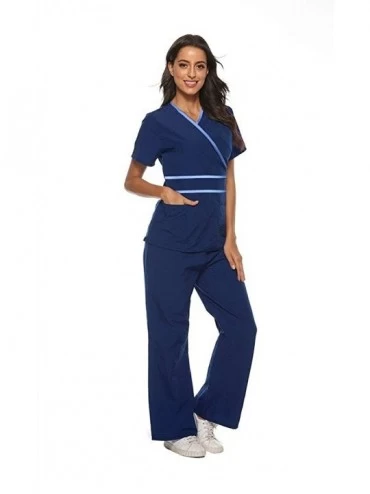 Thermal Underwear Women Short Sleeve V-Neck Tops+Pants Nursing Working Uniform Set Suit - Navy - C8190ECE3W5 $31.58