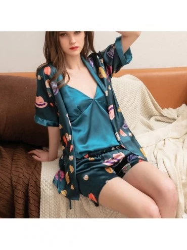 Sets Women's 3 Pieces Pajama Set Robes Camisole Shorts Half Sleeves Loungewear Lingerie - Blue - CM18U7DT7ZC $22.32