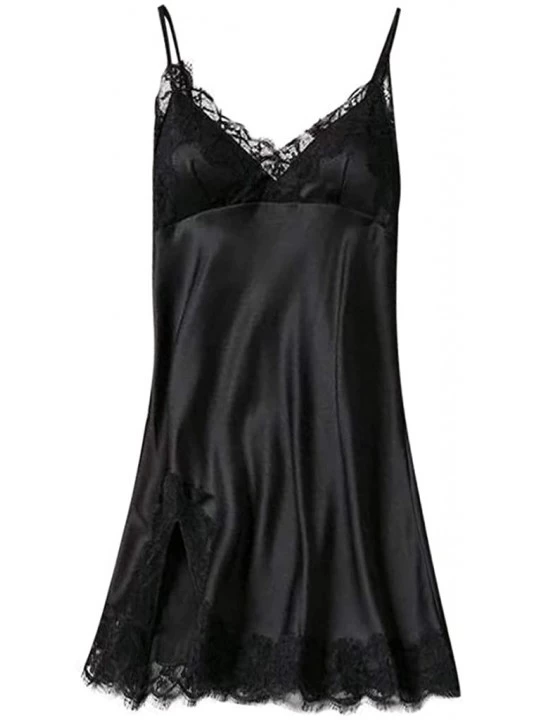 Bras Women Sexy Satin Sling Backless Sleepwear Lingerie Lace Nightdress Underwear - Black - CW197Q9XCMW $10.89