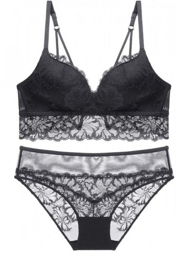 Bras Women Lace Push-up Bralette Floral Wirefree Lingerie Set Bra and Panties Set - Black - CY18URTWSUL $49.78